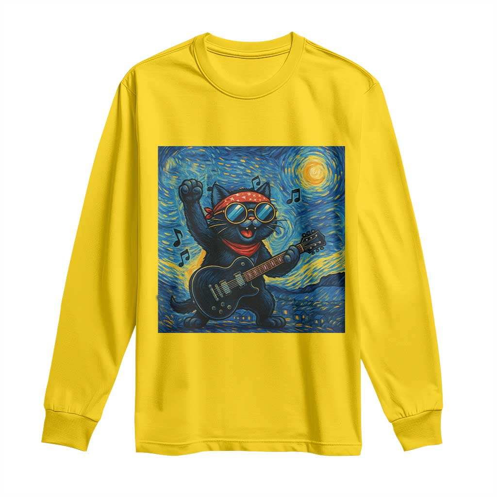 Funny Rock And Roll Long Sleeve Shirt Cat Playing Guitar Starry Night Music Lover - Wonder Print Shop