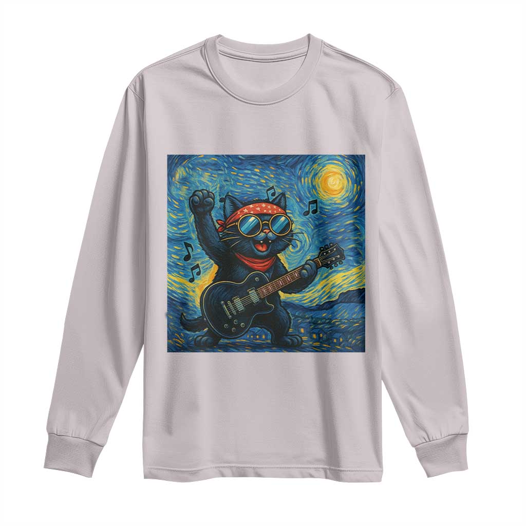 Funny Rock And Roll Long Sleeve Shirt Cat Playing Guitar Starry Night Music Lover - Wonder Print Shop