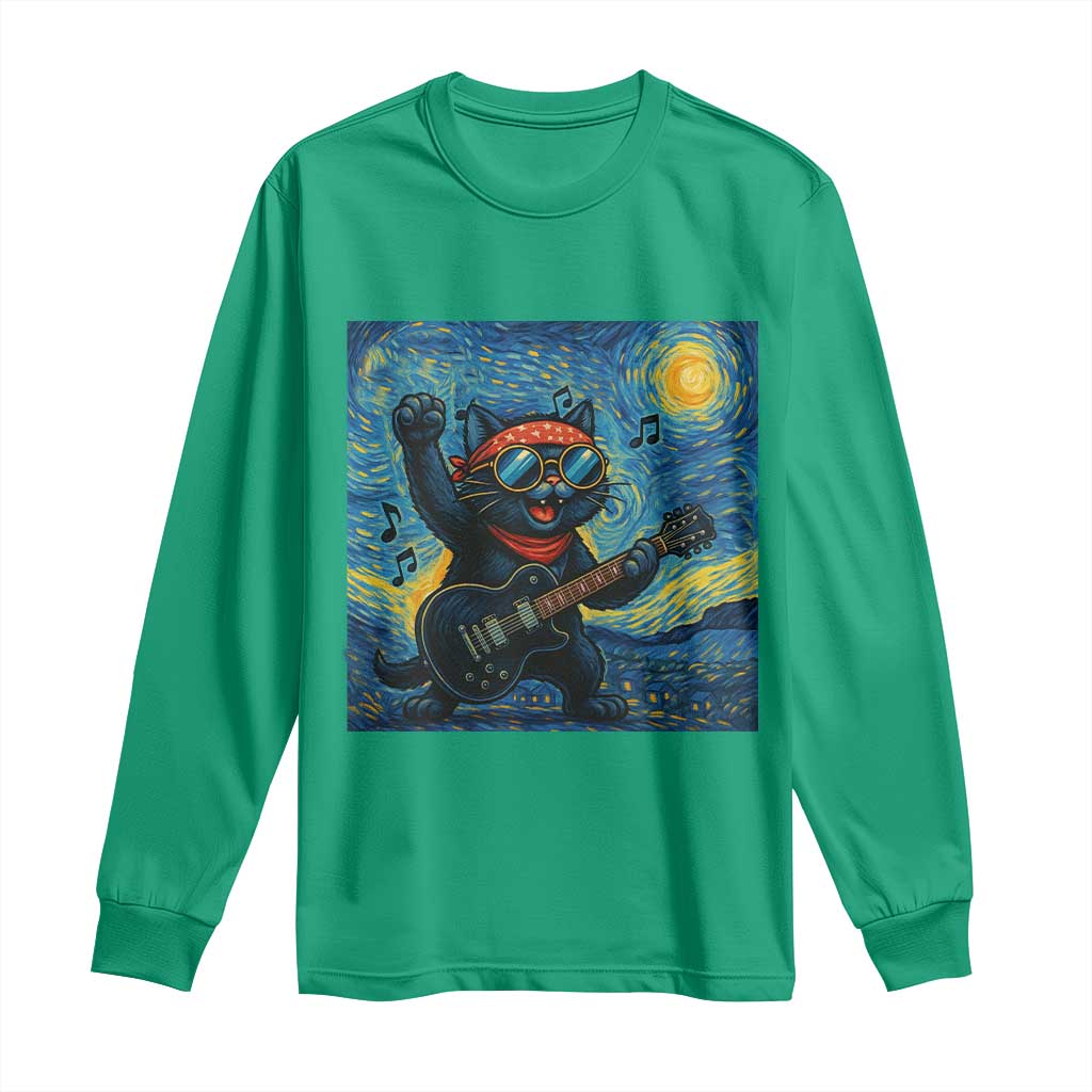 Funny Rock And Roll Long Sleeve Shirt Cat Playing Guitar Starry Night Music Lover - Wonder Print Shop