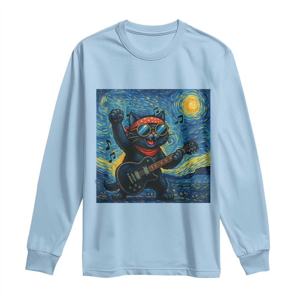 Funny Rock And Roll Long Sleeve Shirt Cat Playing Guitar Starry Night Music Lover - Wonder Print Shop