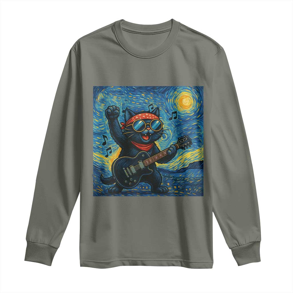 Funny Rock And Roll Long Sleeve Shirt Cat Playing Guitar Starry Night Music Lover - Wonder Print Shop
