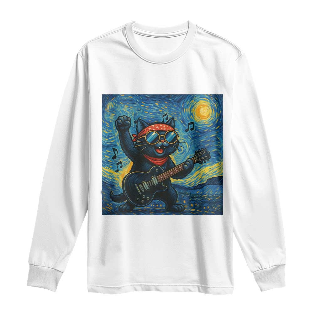 Funny Rock And Roll Long Sleeve Shirt Cat Playing Guitar Starry Night Music Lover - Wonder Print Shop