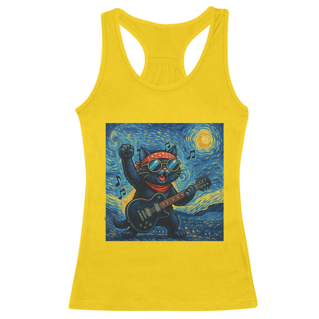 Funny Rock And Roll Racerback Tank Top Cat Playing Guitar Starry Night Music Lover - Wonder Print Shop