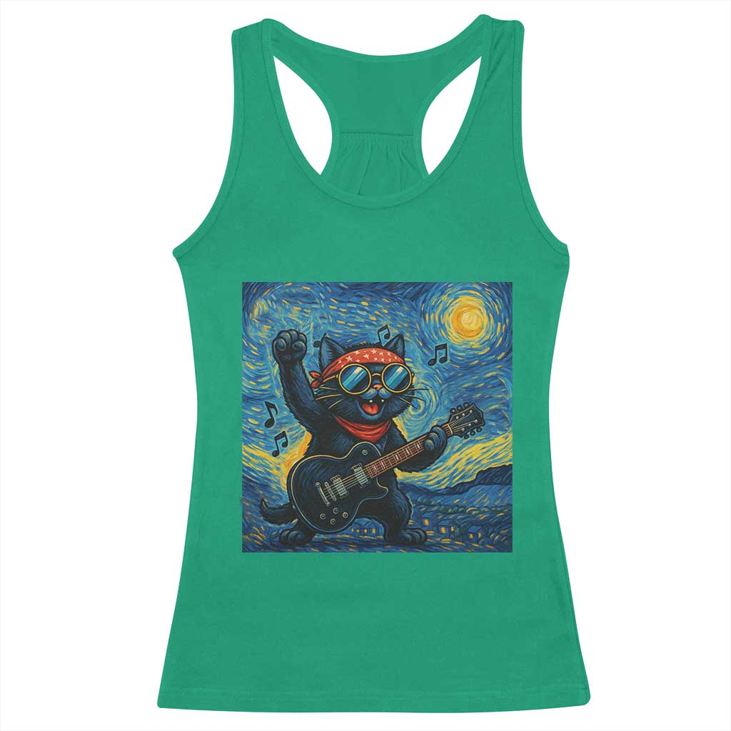 Funny Rock And Roll Racerback Tank Top Cat Playing Guitar Starry Night Music Lover - Wonder Print Shop