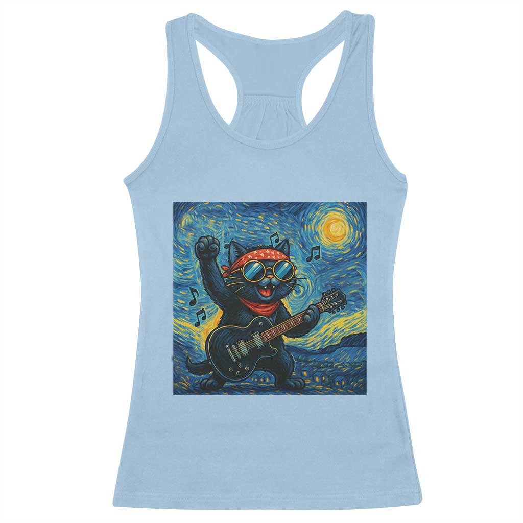 Funny Rock And Roll Racerback Tank Top Cat Playing Guitar Starry Night Music Lover - Wonder Print Shop