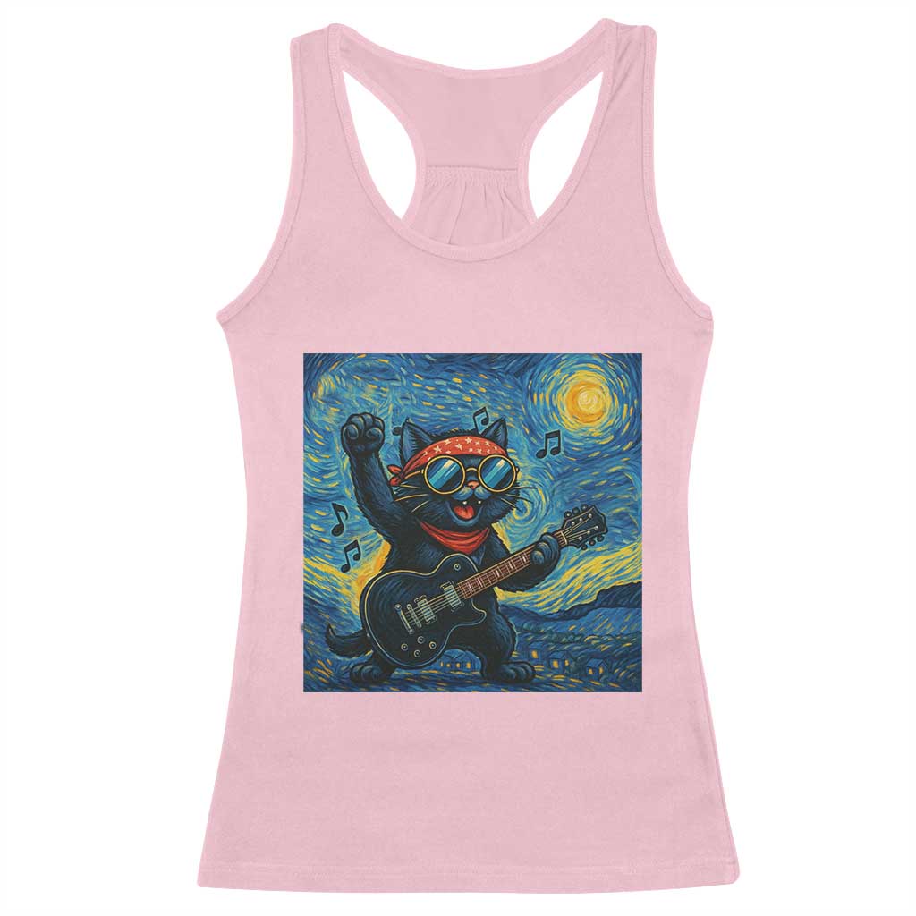 Funny Rock And Roll Racerback Tank Top Cat Playing Guitar Starry Night Music Lover - Wonder Print Shop