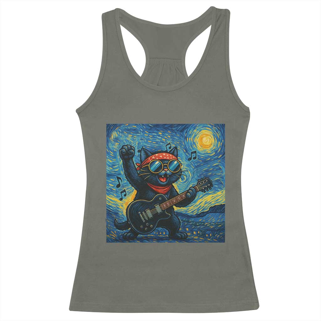 Funny Rock And Roll Racerback Tank Top Cat Playing Guitar Starry Night Music Lover - Wonder Print Shop