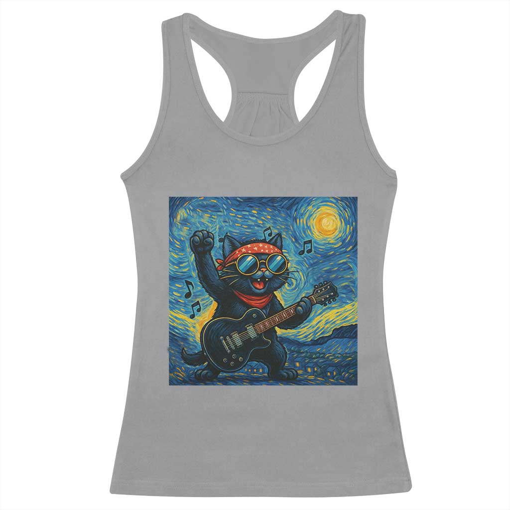 Funny Rock And Roll Racerback Tank Top Cat Playing Guitar Starry Night Music Lover - Wonder Print Shop