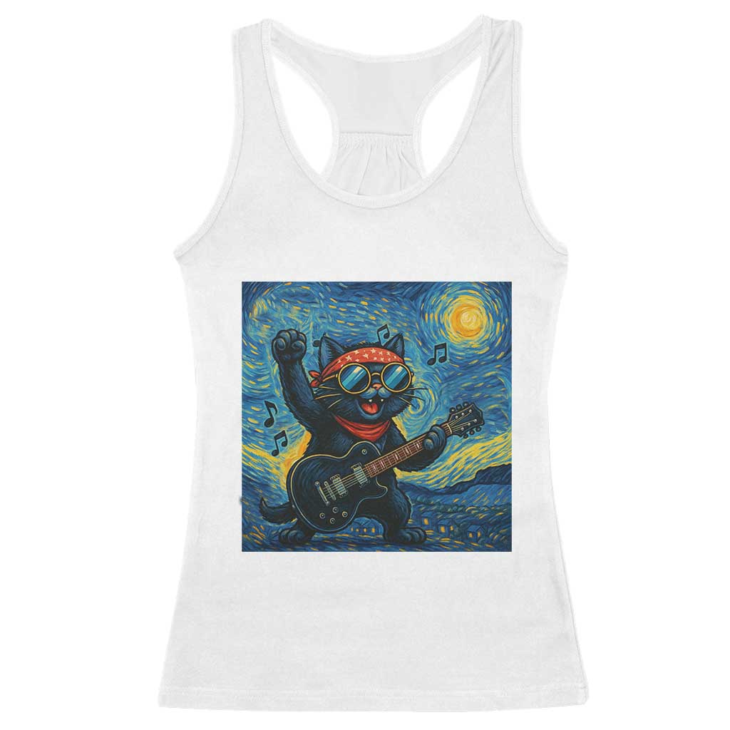 Funny Rock And Roll Racerback Tank Top Cat Playing Guitar Starry Night Music Lover - Wonder Print Shop
