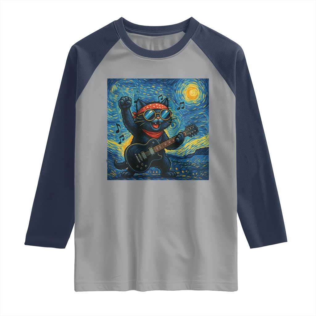 Funny Rock And Roll Raglan Shirt Cat Playing Guitar Starry Night Music Lover - Wonder Print Shop