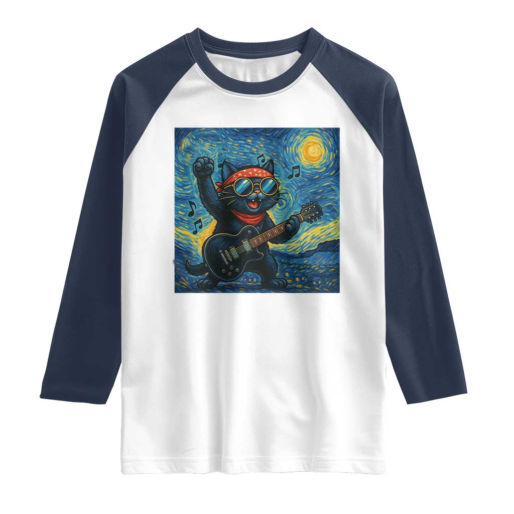 Funny Rock And Roll Raglan Shirt Cat Playing Guitar Starry Night Music Lover - Wonder Print Shop