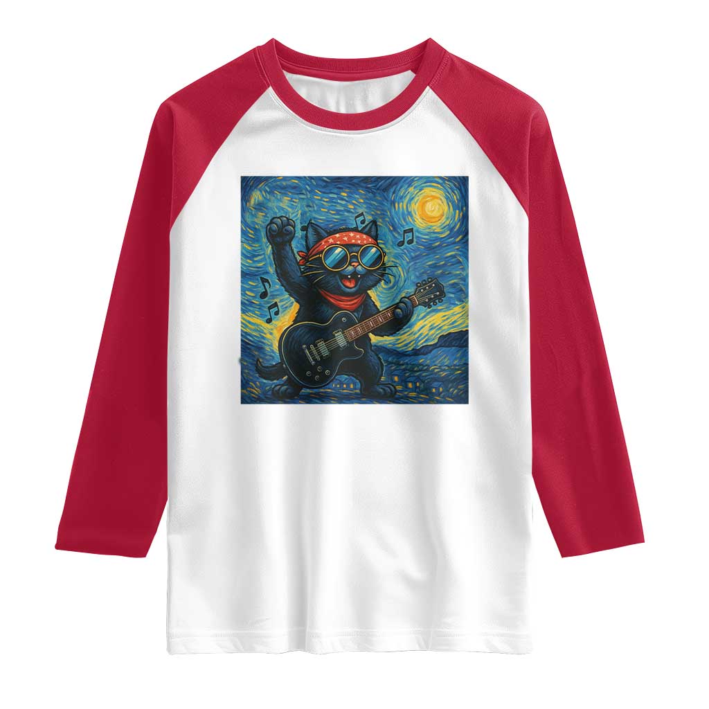 Funny Rock And Roll Raglan Shirt Cat Playing Guitar Starry Night Music Lover - Wonder Print Shop