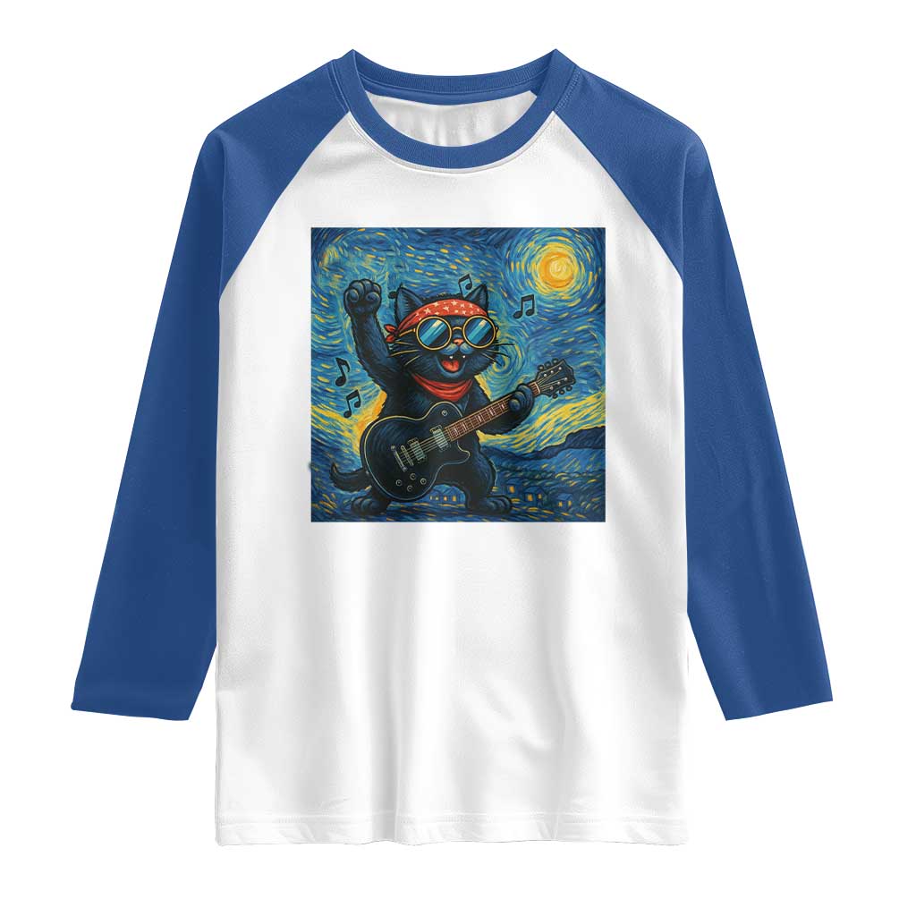 Funny Rock And Roll Raglan Shirt Cat Playing Guitar Starry Night Music Lover - Wonder Print Shop