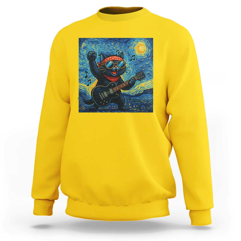Funny Rock And Roll Sweatshirt Cat Playing Guitar Starry Night Music Lover - Wonder Print Shop