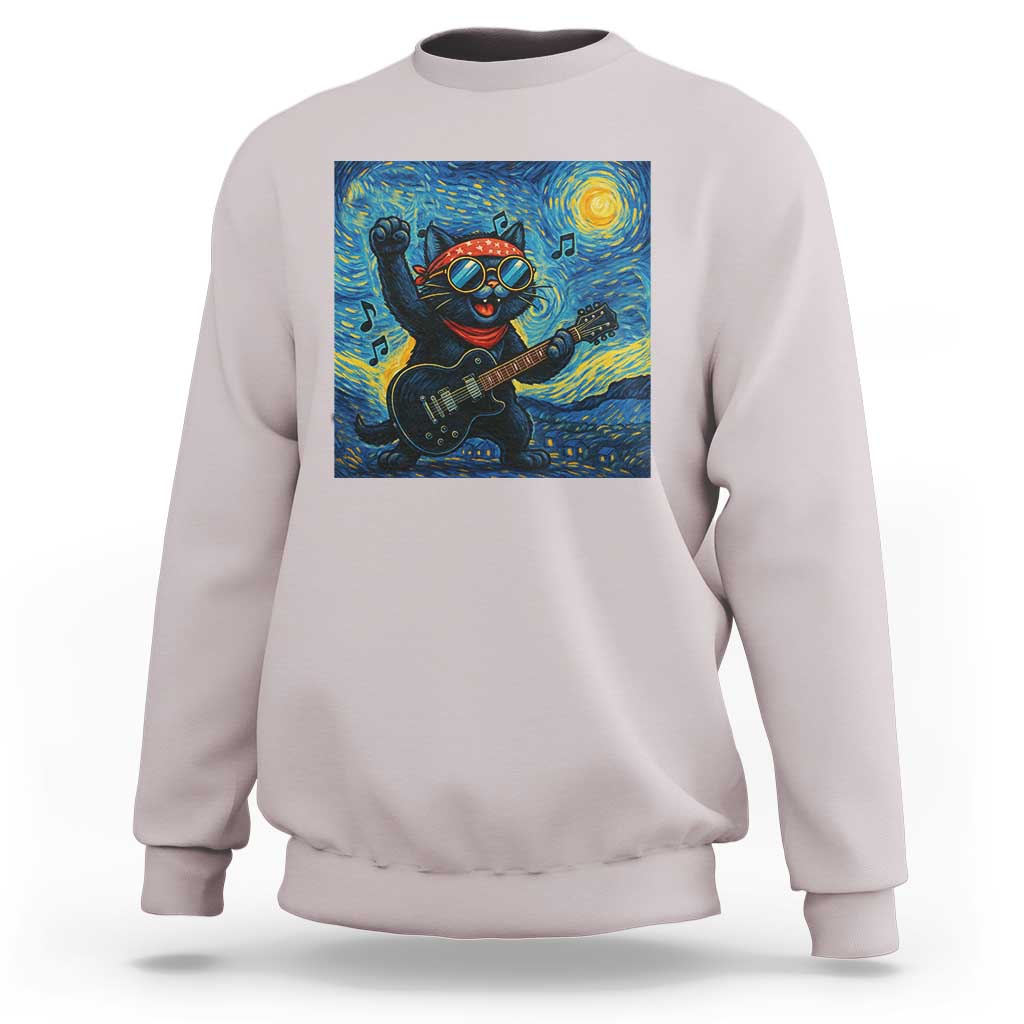 Funny Rock And Roll Sweatshirt Cat Playing Guitar Starry Night Music Lover - Wonder Print Shop