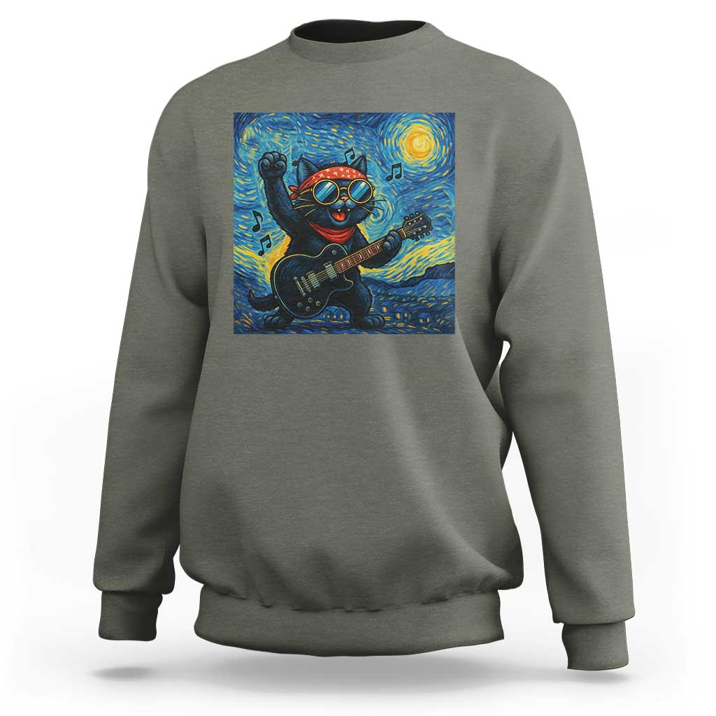 Funny Rock And Roll Sweatshirt Cat Playing Guitar Starry Night Music Lover - Wonder Print Shop