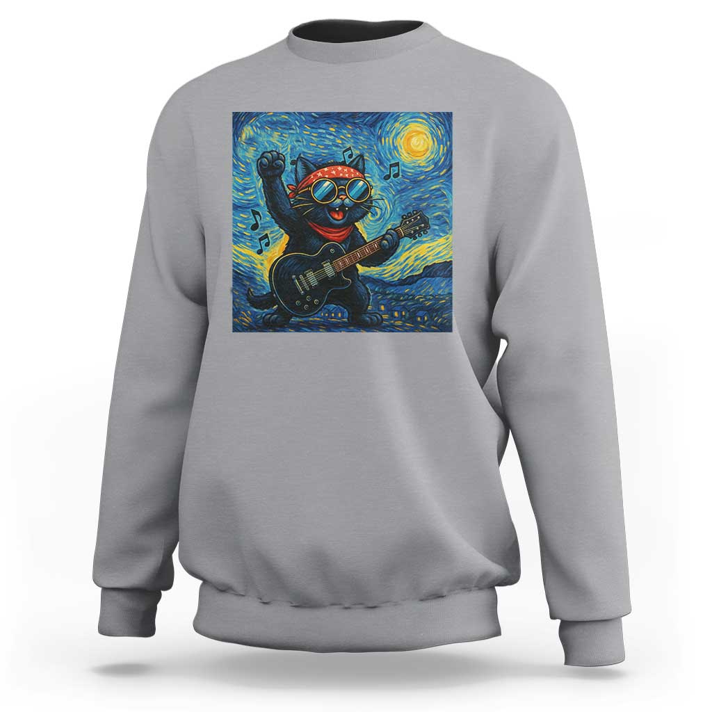 Funny Rock And Roll Sweatshirt Cat Playing Guitar Starry Night Music Lover - Wonder Print Shop