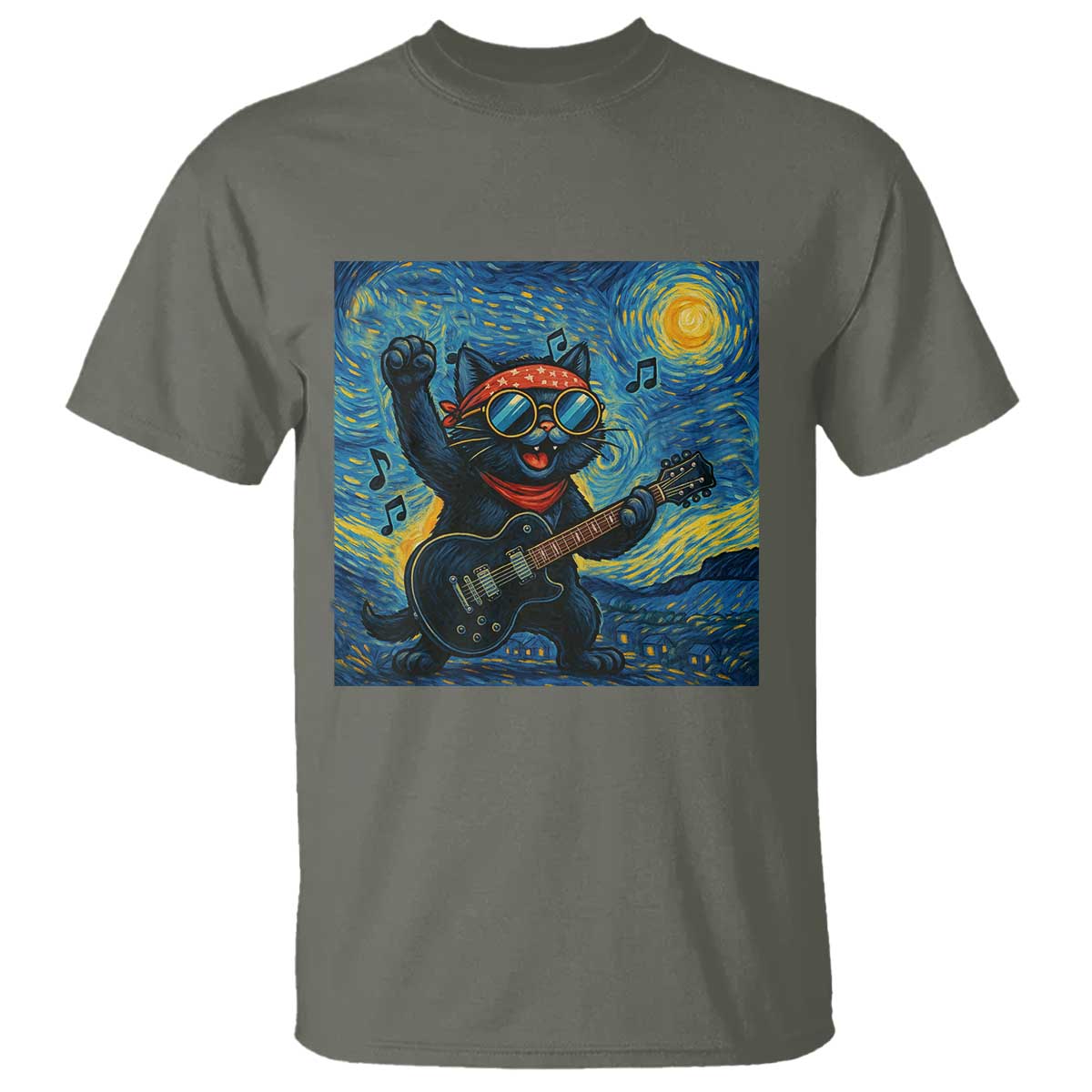Funny Rock And Roll T Shirt Cat Playing Guitar Starry Night Music Lover - Wonder Print Shop