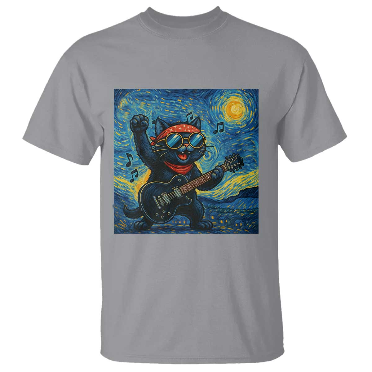Funny Rock And Roll T Shirt Cat Playing Guitar Starry Night Music Lover - Wonder Print Shop
