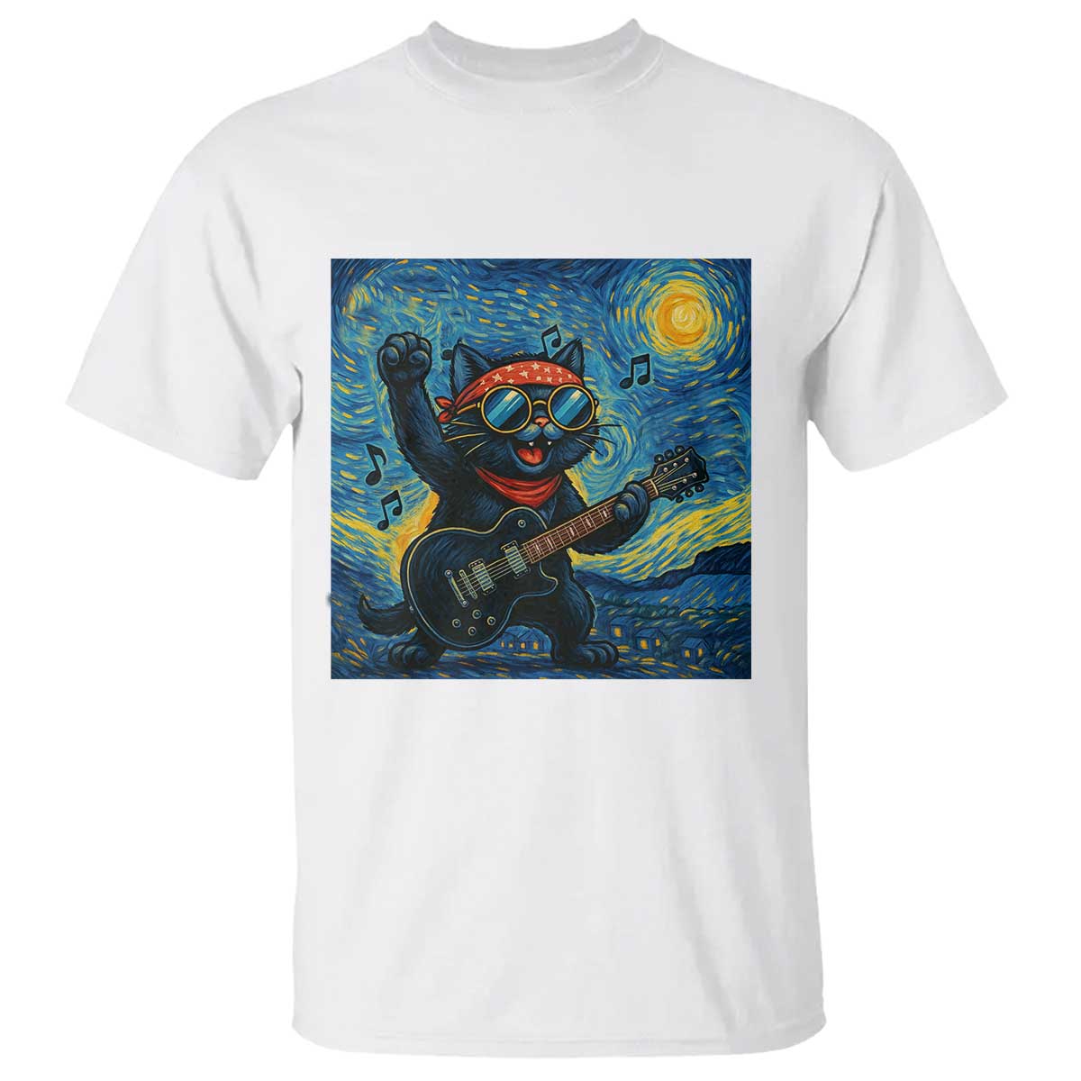 Funny Rock And Roll T Shirt Cat Playing Guitar Starry Night Music Lover - Wonder Print Shop