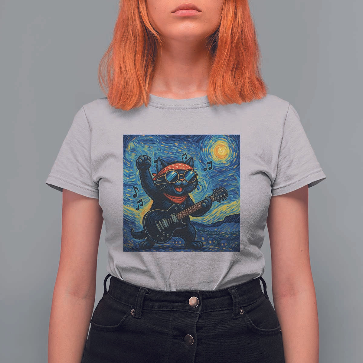 Funny Rock And Roll T Shirt For Women Cat Playing Guitar Starry Night Music Lover - Wonder Print Shop