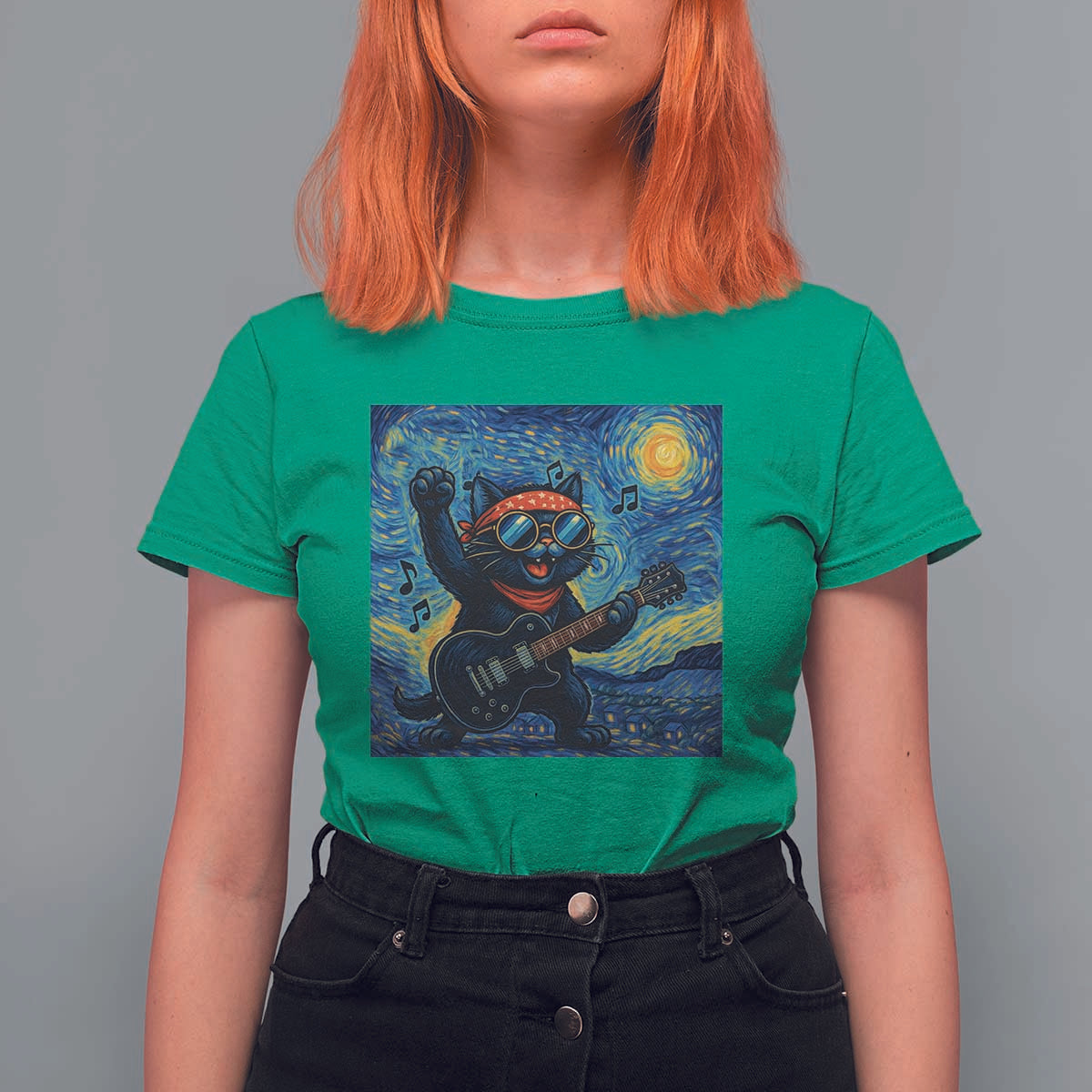 Funny Rock And Roll T Shirt For Women Cat Playing Guitar Starry Night Music Lover - Wonder Print Shop