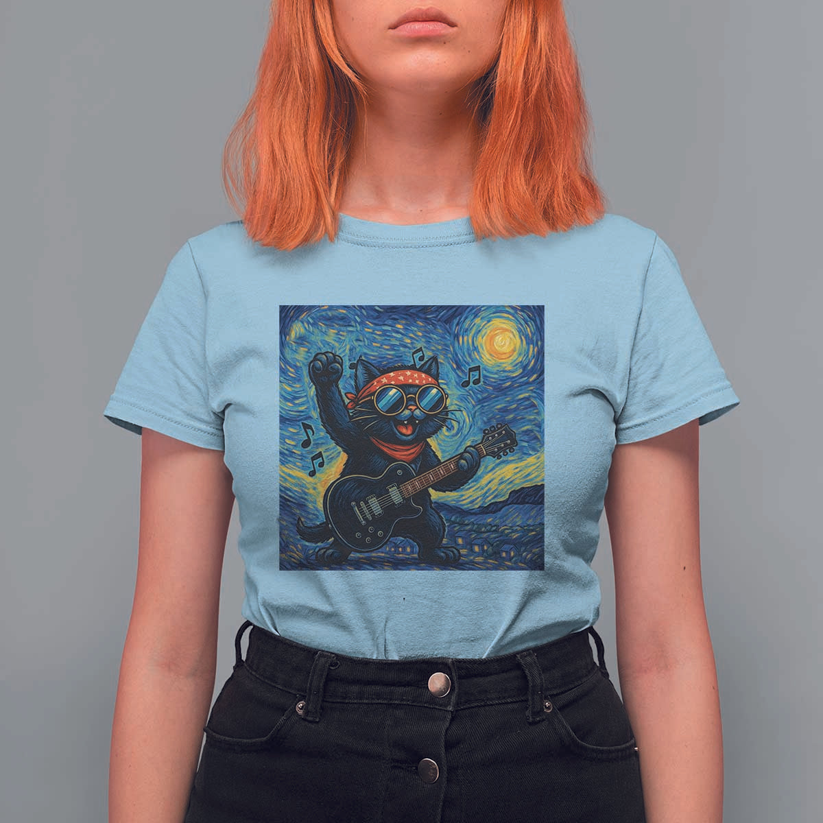 Funny Rock And Roll T Shirt For Women Cat Playing Guitar Starry Night Music Lover - Wonder Print Shop