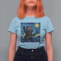 Funny Rock And Roll T Shirt For Women Cat Playing Guitar Starry Night Music Lover - Wonder Print Shop