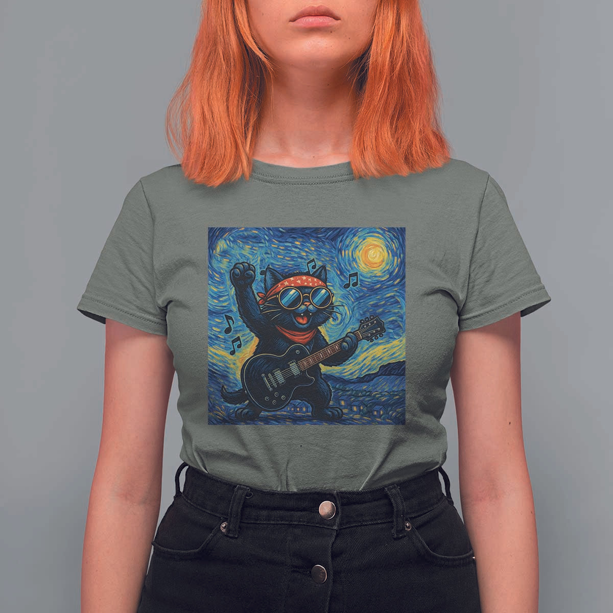 Funny Rock And Roll T Shirt For Women Cat Playing Guitar Starry Night Music Lover - Wonder Print Shop