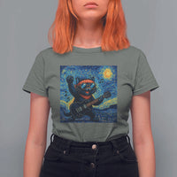 Funny Rock And Roll T Shirt For Women Cat Playing Guitar Starry Night Music Lover - Wonder Print Shop
