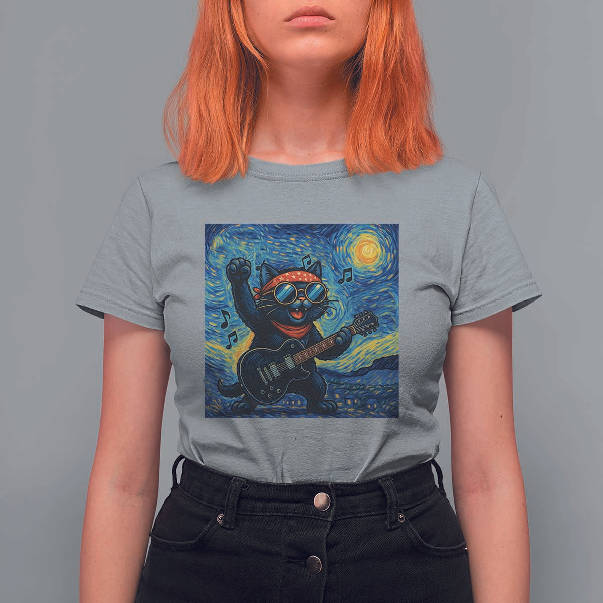 Funny Rock And Roll T Shirt For Women Cat Playing Guitar Starry Night Music Lover - Wonder Print Shop
