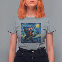 Funny Rock And Roll T Shirt For Women Cat Playing Guitar Starry Night Music Lover - Wonder Print Shop