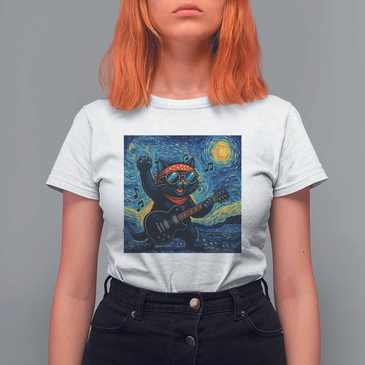 Funny Rock And Roll T Shirt For Women Cat Playing Guitar Starry Night Music Lover - Wonder Print Shop
