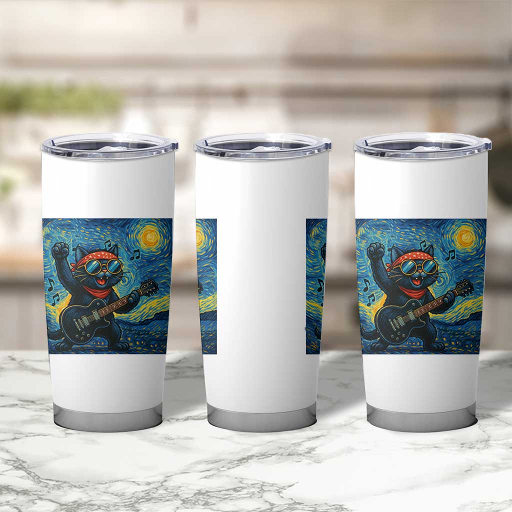 Funny Rock And Roll Tumbler Cup Cat Playing Guitar Starry Night Music Lover