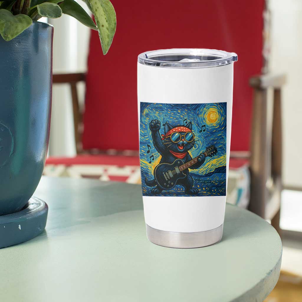 Funny Rock And Roll Tumbler Cup Cat Playing Guitar Starry Night Music Lover