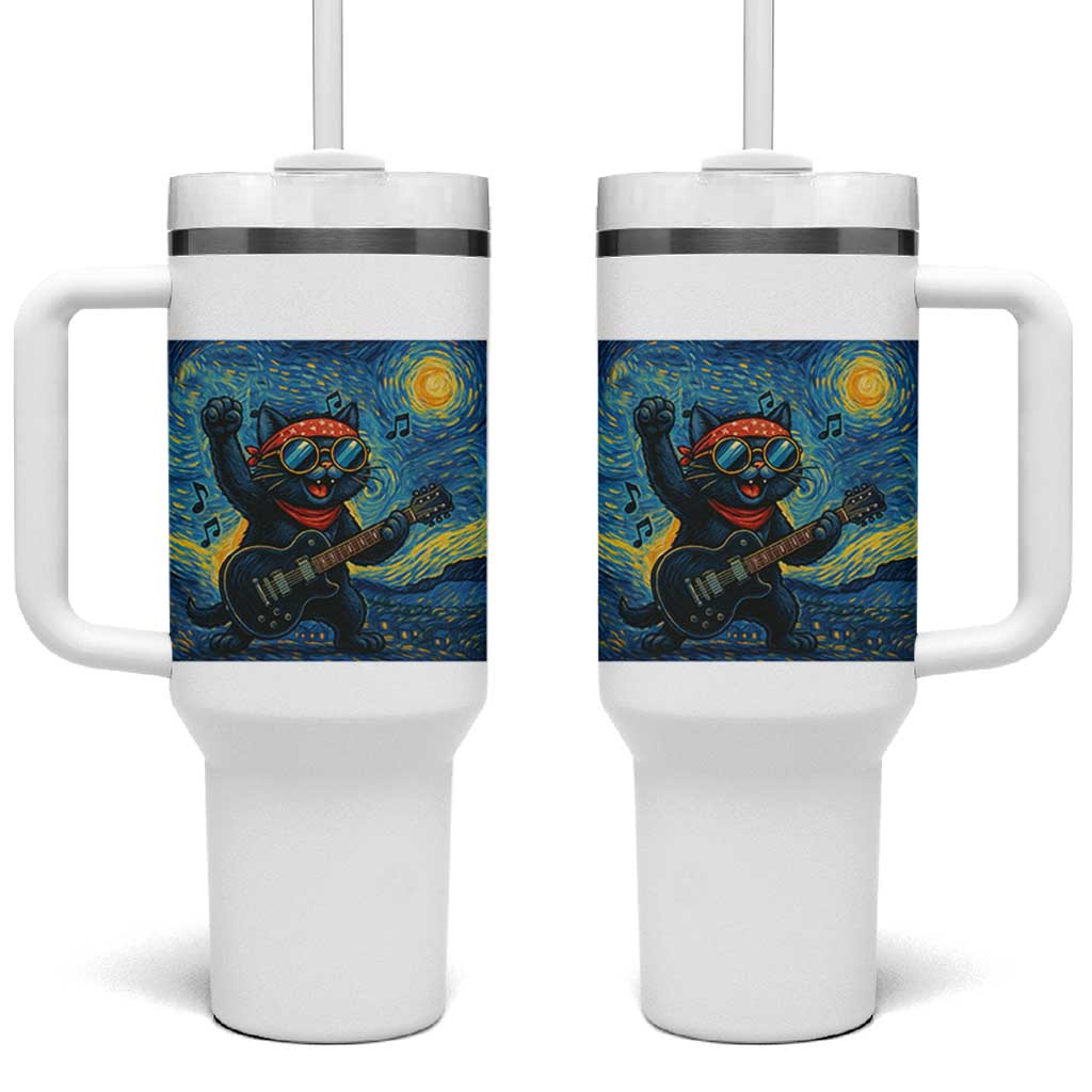 Funny Rock And Roll Tumbler With Handle Cat Playing Guitar Starry Night Music Lover