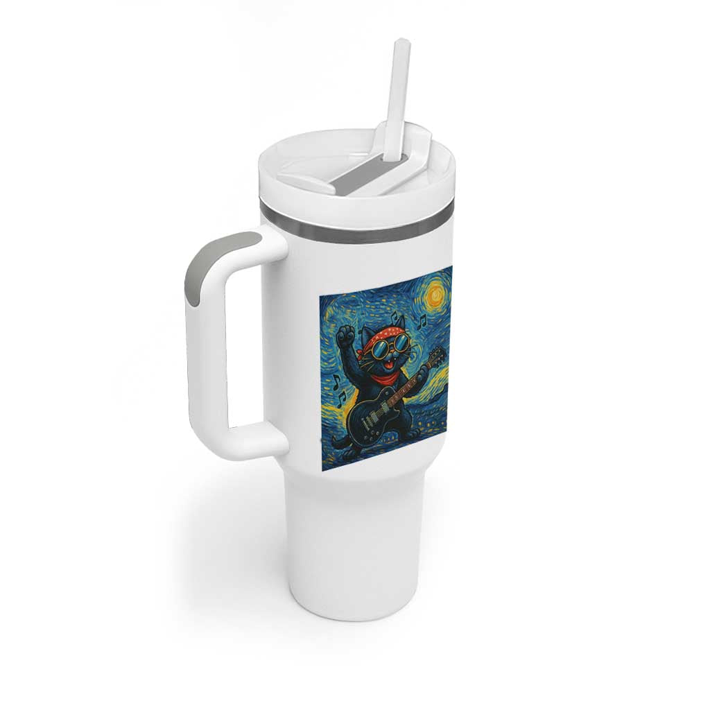 Funny Rock And Roll Tumbler With Handle Cat Playing Guitar Starry Night Music Lover