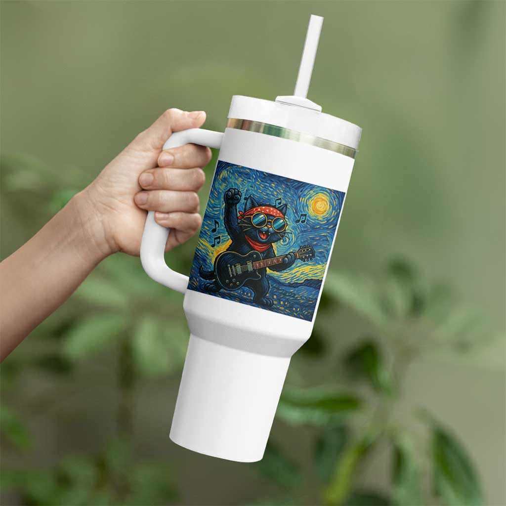 Funny Rock And Roll Tumbler With Handle Cat Playing Guitar Starry Night Music Lover