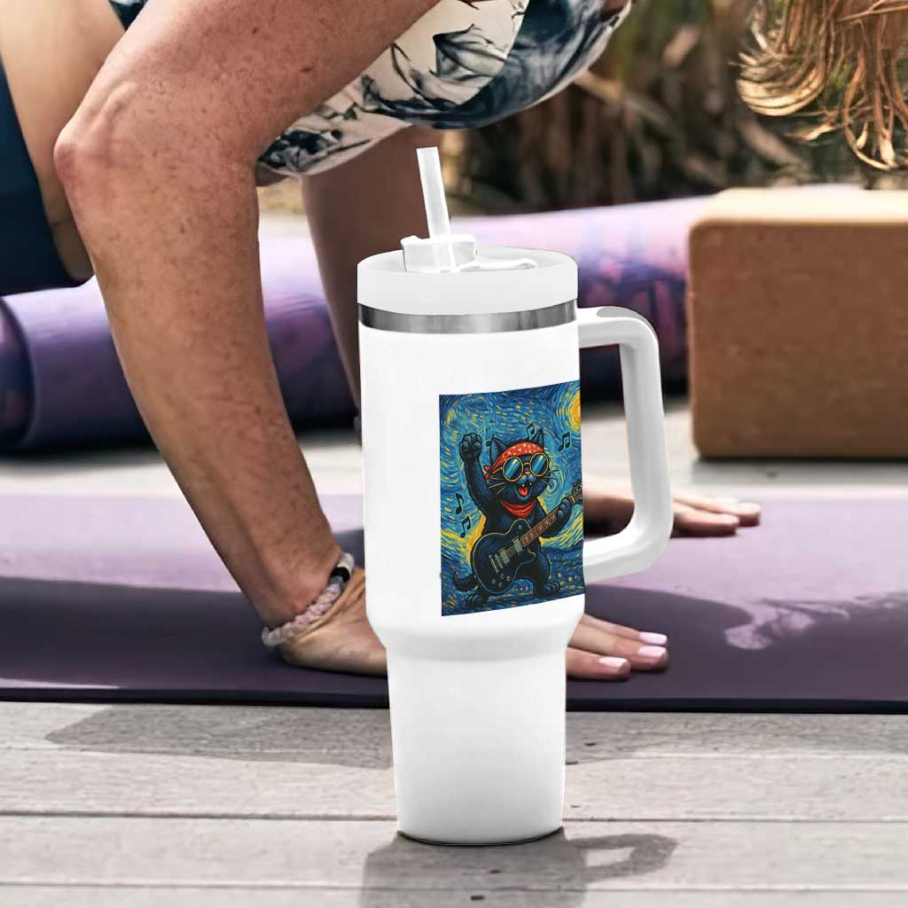 Funny Rock And Roll Tumbler With Handle Cat Playing Guitar Starry Night Music Lover