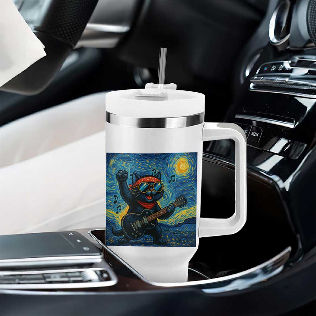 Funny Rock And Roll Tumbler With Handle Cat Playing Guitar Starry Night Music Lover