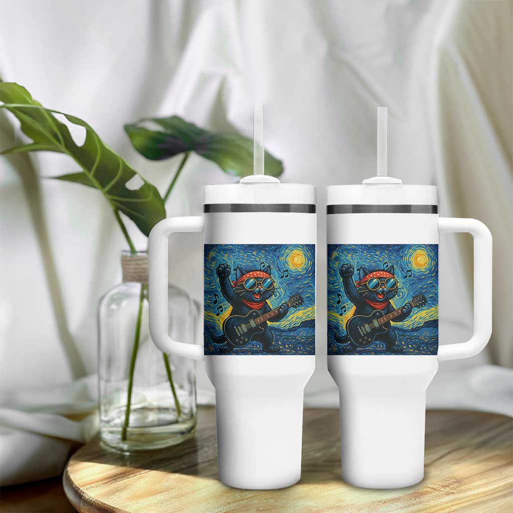 Funny Rock And Roll Tumbler With Handle Cat Playing Guitar Starry Night Music Lover