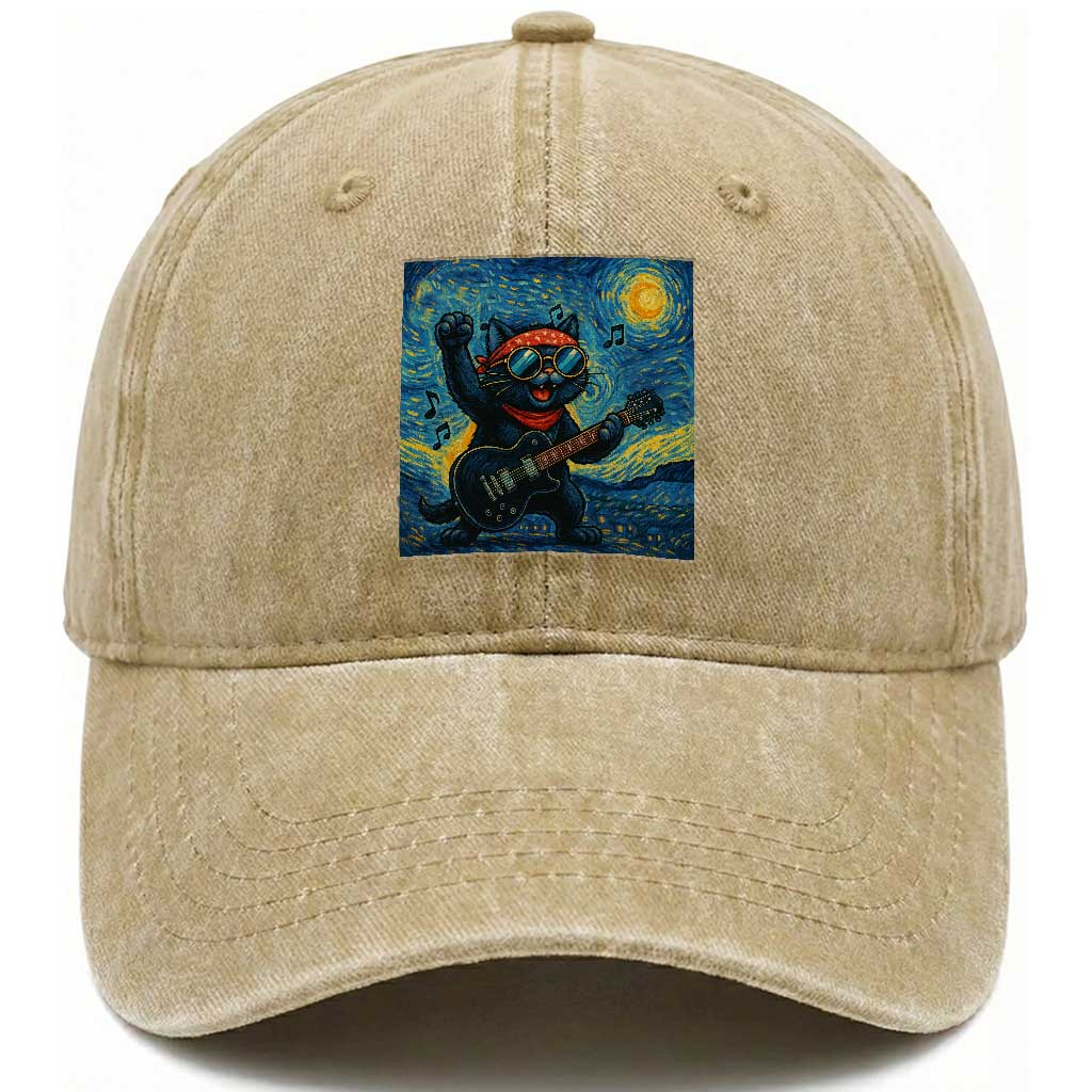 Funny Rock And Roll Washed Cotton Baseball Cap Cat Playing Guitar Starry Night Music Lover