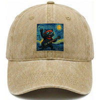 Funny Rock And Roll Washed Cotton Baseball Cap Cat Playing Guitar Starry Night Music Lover