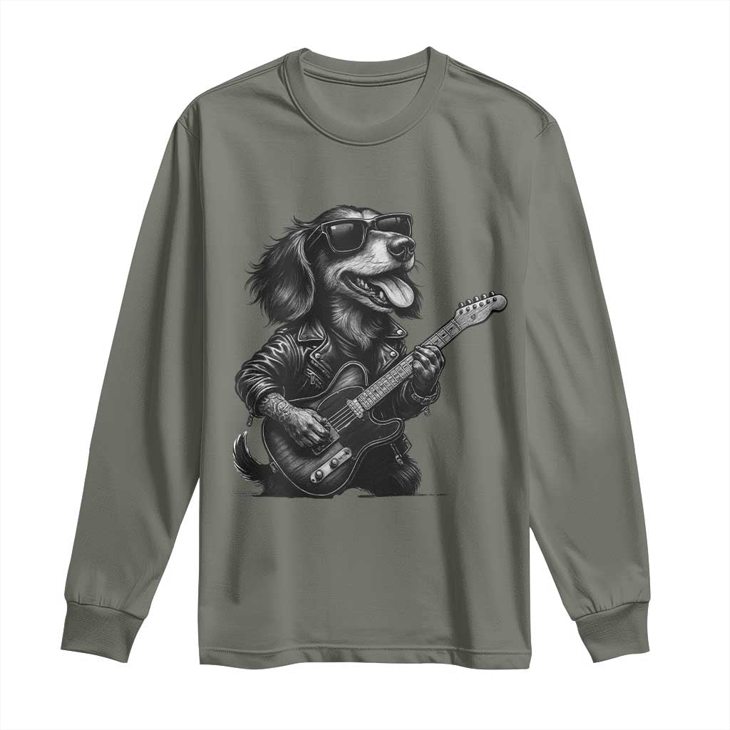 Rock And Roll Dachshund Long Sleeve Shirt Dog Playing Guitar Music Lover - Wonder Print Shop