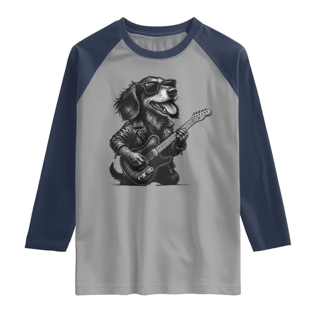 Rock And Roll Dachshund Raglan Shirt Dog Playing Guitar Music Lover - Wonder Print Shop