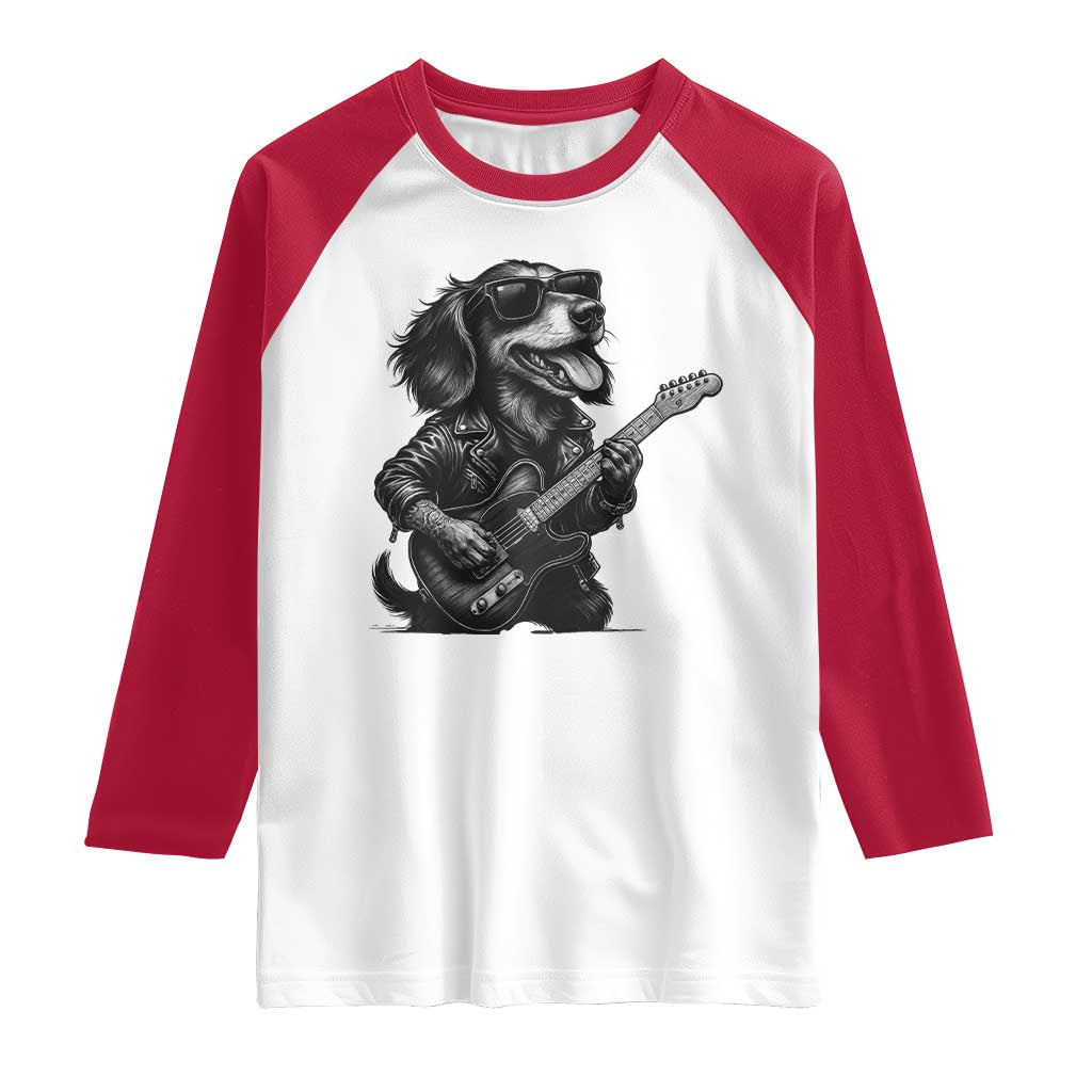 Rock And Roll Dachshund Raglan Shirt Dog Playing Guitar Music Lover - Wonder Print Shop