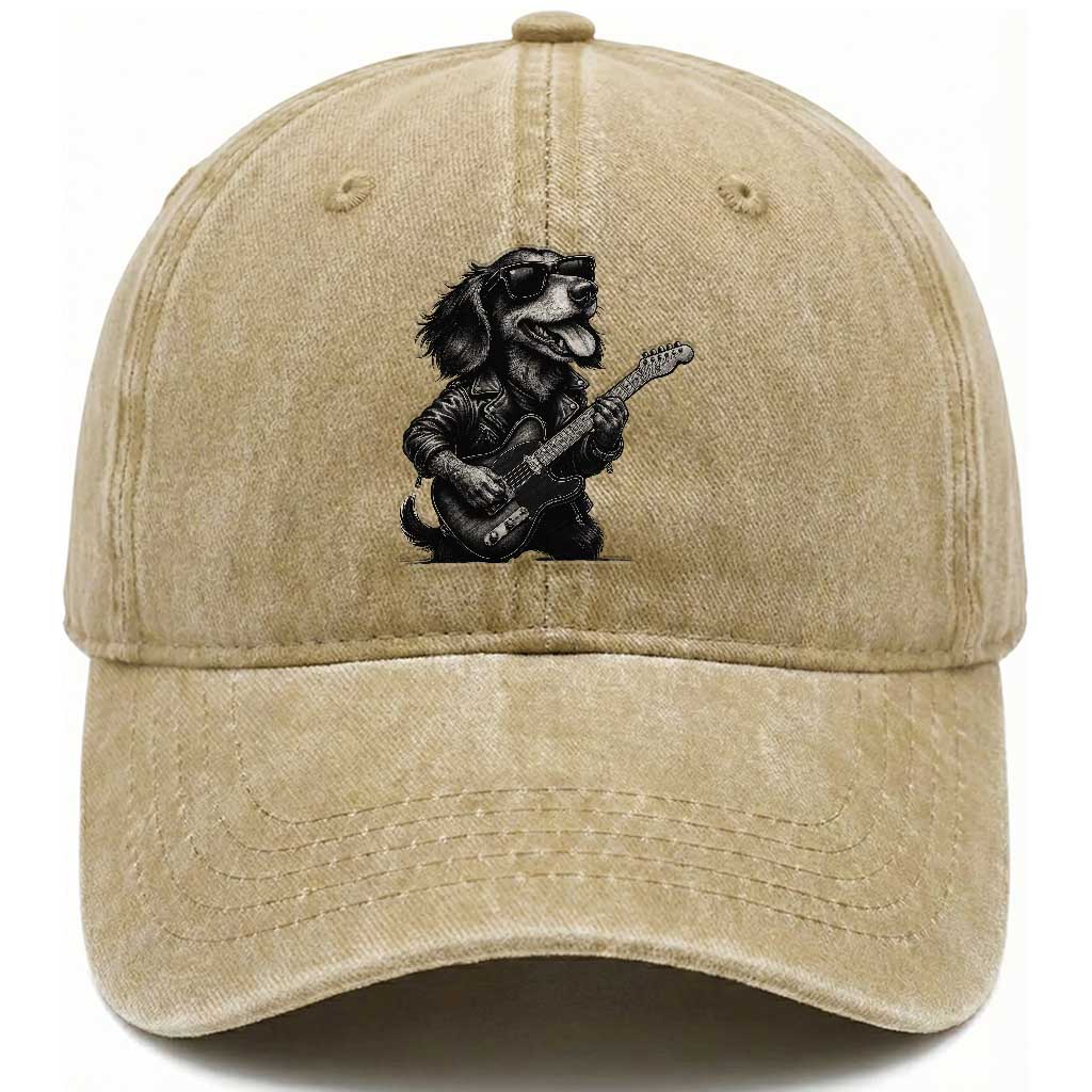 Rock And Roll Dachshund Washed Cotton Baseball Cap Dog Playing Guitar Music Lover