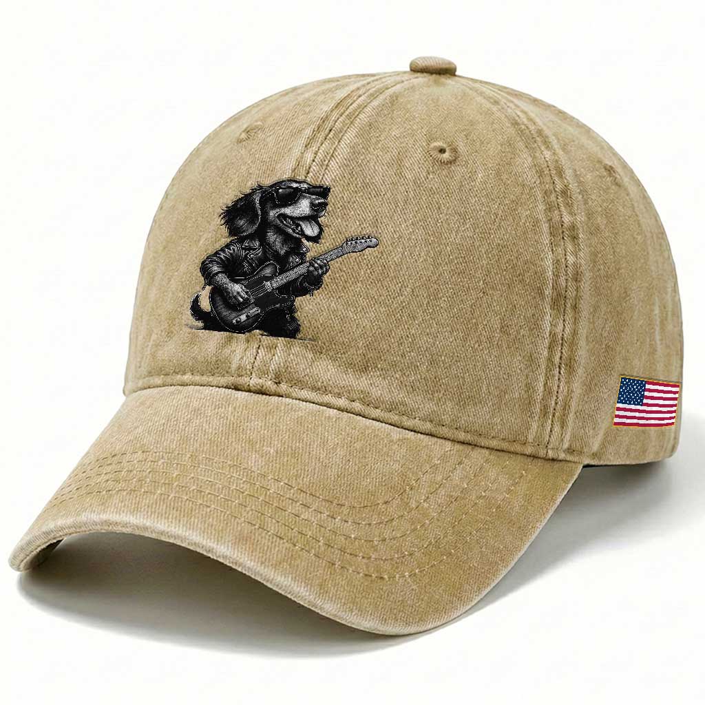 Rock And Roll Dachshund Washed Cotton Baseball Cap Dog Playing Guitar Music Lover