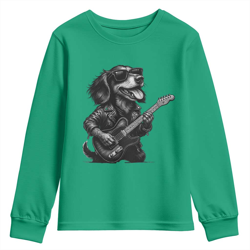 Rock And Roll Dachshund Youth Sweatshirt Dog Playing Guitar Music Lover - Wonder Print Shop