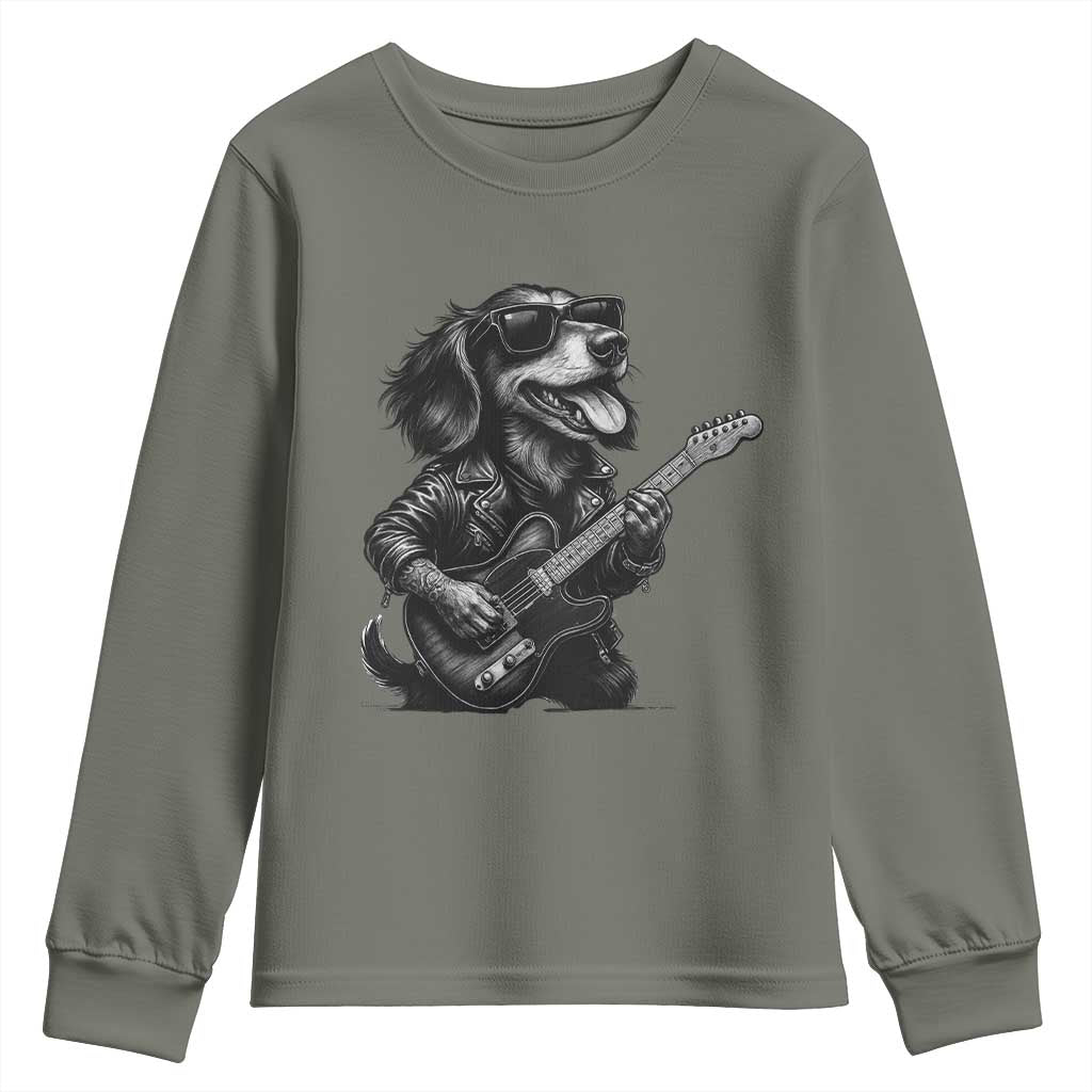 Rock And Roll Dachshund Youth Sweatshirt Dog Playing Guitar Music Lover - Wonder Print Shop